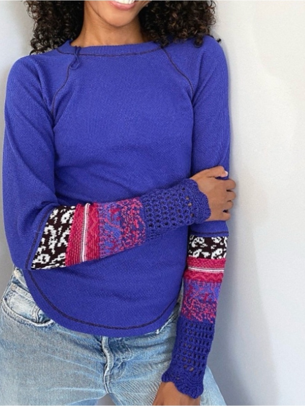 Free People - In The Mix Long Sleeve Crochet Cuff Super Nova Thermal Blouse SZ M